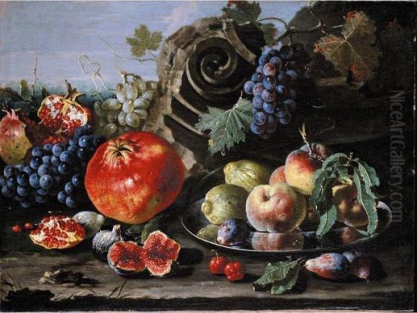 Still Life Of Pomegranates, Red
And White Grapes, Figs, Plums, Green Figs And Peaches On A Silver Plate,
Together With A Fragment Of A Classical Column, All Arranged In A
Landscape - view 1