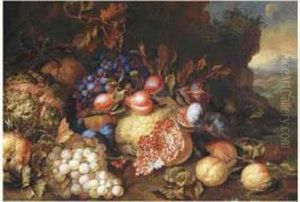 Composition Aux Raisins, Grenades Et Figues Sur Fond De Paysage