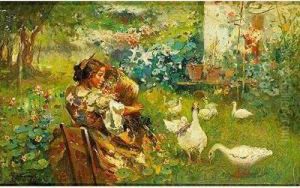 Valenciana En Un Jardin Con Ocas