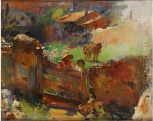Ninos Con Burros En El Campo by Jose Navarro