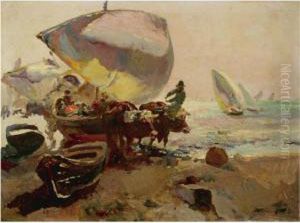 Bueyes Y Barcas En La Playa by Jose Navarro