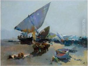 Bueyes Y Barcas En La Playa (oxen And Boats On The Beach) by Jose Navarro