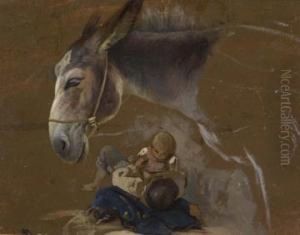 Two Studies: Stilllife With Peaches Andgrapes And Children With A Donkey. by Josef Navratil