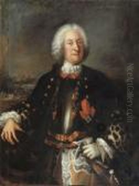 Portrait Of A Nobleman,
Three-quarter Length, In Armour Andhermeline Lined Cape, With Sash And
Order, His Right Hand On Ahelmet, A Battlefield Beyond - view 1