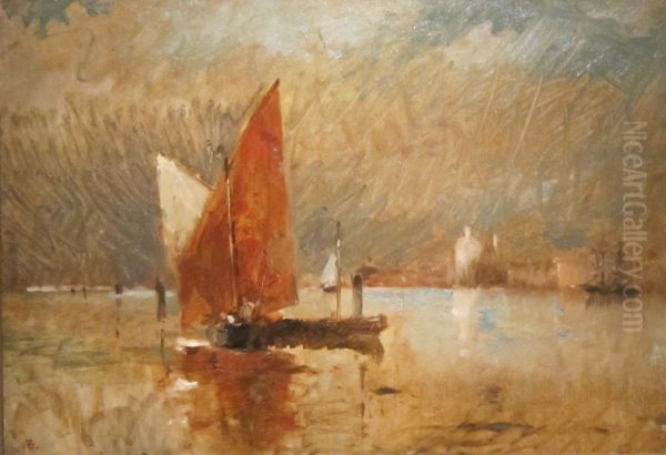 Red Sail in the Harbor at Venice - view 1