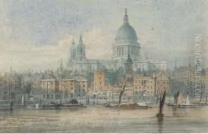 Barges On The Thames Before St. Paul's Cathedral by J. P. Neale