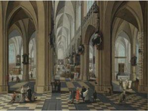 A Church Interior With Elegant Figures Strolling And Figures Attending Mass by Peeter, the Elder Neeffs