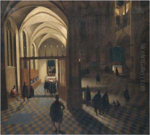 A Nocturnal Church Interior With Worshippers Gathering For Prayer