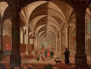 The Transept Of A Gothic Church With Christ And The Woman Taken In Adultery
