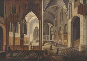 Figures Worshipping In A Cathedral by Peeter, the Elder Neeffs