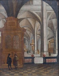 The Interior Of A Gothic Church With Two Gentlemen Conversing In The Foreground by Peeter, the Elder Neeffs