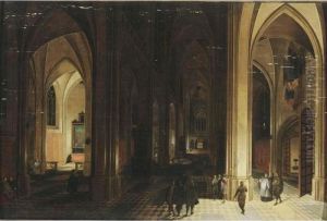 A Church Interior By Night With A Priest And Other Figures By Torchlight
