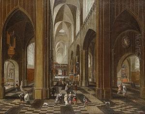 A Church Interior With Figures And Dogs by Peeter, the Elder Neeffs