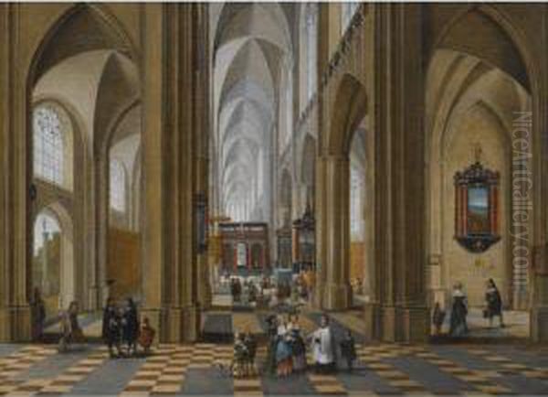 The Interior Of A Gothic 
Cathedral With Elegant Figures Strollingand Others Attending A Mass - view 1