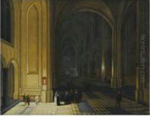 Vue Interieure D'une Eglise La Nuit, Avec Un Groupe De Religieuses Au Premier Plan