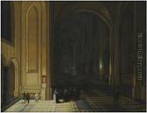 The Interior Of A Church By Night, With Nuns In Theforeground