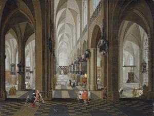 A Church Interior With Elegant Company In The Nave And Aisle by Pieter Neefs The Elder, Frans The Younger Francken
