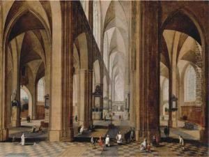 The Interior Of A Gothic Cathedral by Pieter Neefs The Elder, Frans The Younger Francken
