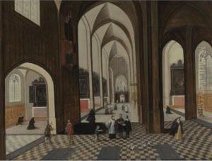 Interior Of A Gothic Cathedral With Figures And Dogs by Pieter Neefs The Elder, Frans The Younger Francken
