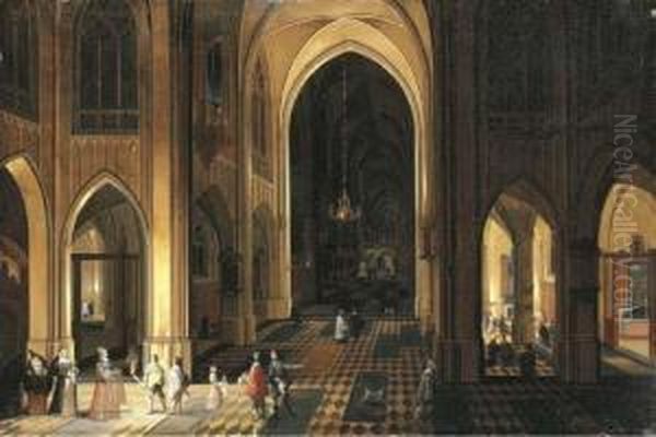 The Interior Of A Gothic Church With Figures At Night - view 1