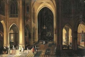 The Interior Of A Gothic Church With Figures At Night by Pieter Neefs The Elder, Frans The Younger Francken