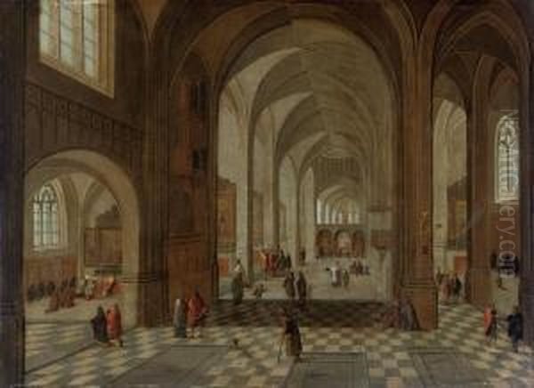 An Interior Of A Gothic Church With Elegant Figuresconversing - view 1