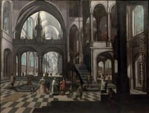 The Interior Of A Gothic Church With Elegant Figuresconversing by Pieter Ii Neefs