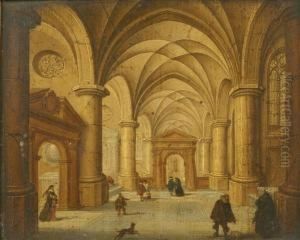 Church Interior With Figures And Dogs by Pieter Ii Neefs