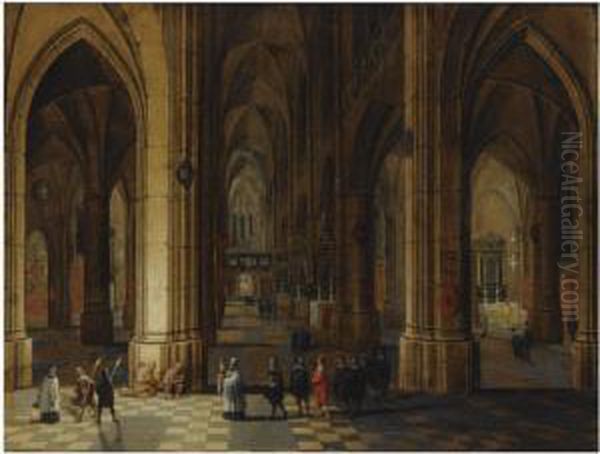 A Church Interior Of The
Cathedral Of Antwerp With A Procession Inthe Foreground And Beggars
Seated To The Left by Pieter Ii Neefs