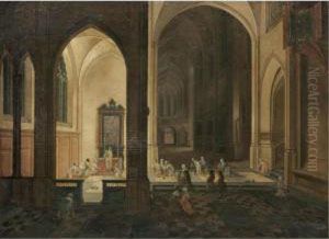The Interior Of A Gothic Church
By Night, With A Priest Conducting A Service In A Side Chapel by Pieter Ii Neefs