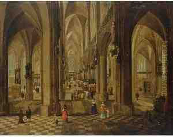 The Onze Lieve Vrouwe Cathedral
In Antwerp With A Service In The Side Chapel And Elegant Dressed Figures
To The Foreground - view 1