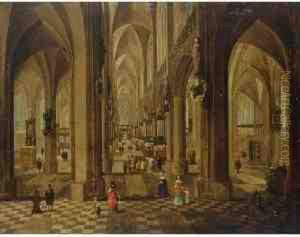 The Onze Lieve Vrouwe Cathedral
In Antwerp With A Service In The Side Chapel And Elegant Dressed Figures
To The Foreground by Pieter Ii Neefs