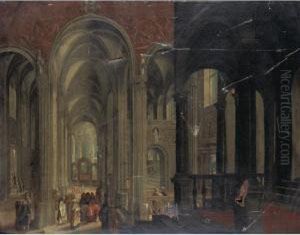 A Church Interior With Christ And The Woman Taken In Adultery