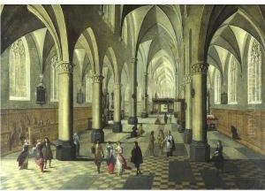 Interior Of A Cathedral With Elegant Figures In The Foreground