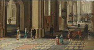 A Church Interior With Elegant Figures And A Dog In The Foreground