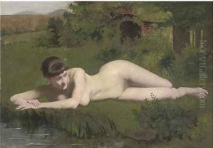 Reclining nude on the riverbank by Frank Duveneck
