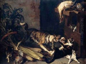 A Dog and a Cat Fighting in a Kitchen Interior 1710 by Alexandre-Francois Desportes