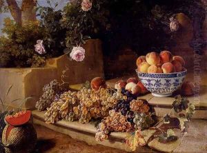 Still Life Of Grapes, Peaches In A Blue And White Porcelain Bowl And A Melon, Resting On A Stone Stairway