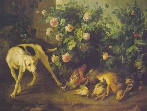 Dog Guarding Game near a Rosebush by Alexandre-Francois Desportes