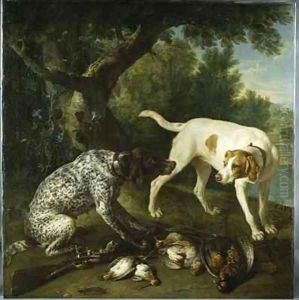 Two pointers belonging to the 3rd Earl of Burlington with dead game in a landscape by Alexandre-Francois Desportes