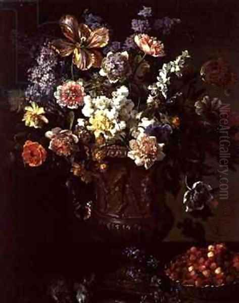 Flowers in a Sculpted Urn with a Bowl of Wild Strawberries and Hare on a Ledge - view 1