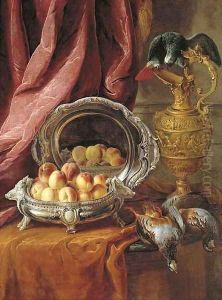 Peaches in a silver-footed bowl, a silver platter, an African Grey parrot perched on a vermeil ewer and game birds on a partly-draped tabletop