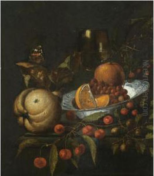A Still Life With Oranges And
Wild Strawberries In A Blue And White Porcelain Bowl, Together With
Gooseberries, Cherries, A Roemer Of Wine, A Pear And A Butterfly On A
Stone Ledge - view 1