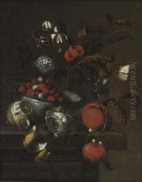 A Delft Blue And White Bowl With
 Cherries, Clementines, A Rose, Mixed Flowers In A Glass Vase And A 
Partly-peeled Lemon On A Stone Ledge With A Red Admiral And A Cabbage 
Butterfly - view 1