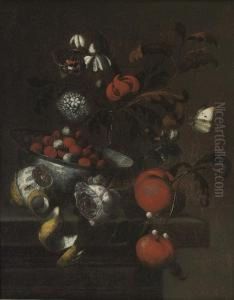 A Delft Blue And White Bowl With
 Cherries, Clementines, A Rose, Mixed Flowers In A Glass Vase And A 
Partly-peeled Lemon On A Stone Ledge With A Red Admiral And A Cabbage 
Butterfly by Marten Nellius
