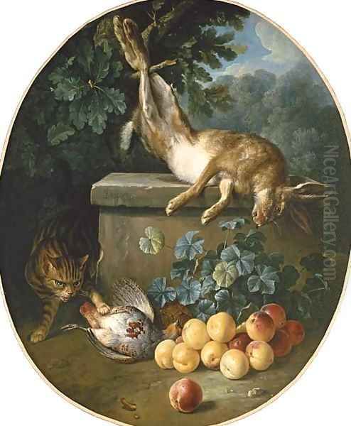 Still life with game and peaches with a cat stalking from behind a stone ledge - view 1