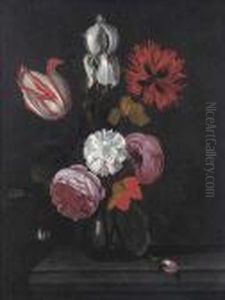 A Parrot Tulip, Roses, An Iris And Other Flowers In A Glass Vase Ona Stone Ledge by Marten Nellius
