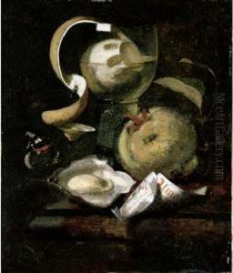 Still Life Of A Peeled Lemon In A
Roemer, An Apple, Paper, Oyster And Butterfly On A Ledge by Marten Nellius