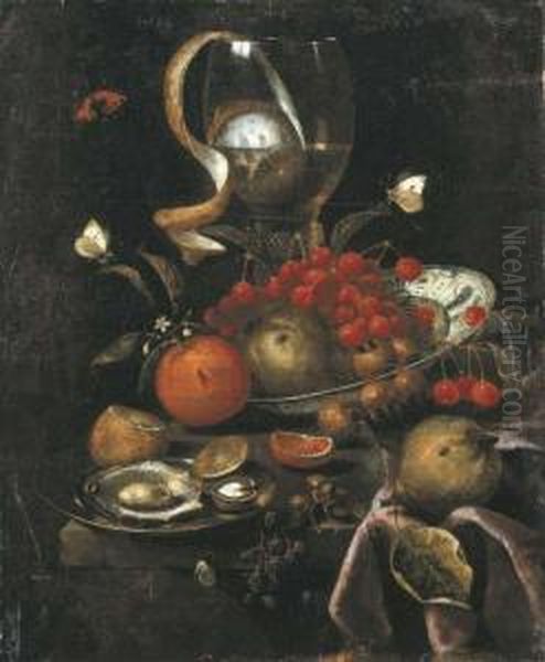 A Partly-peeled Lemon In A Giant
Roemer, A Wan-li Dish Withcherries, Apples And Oranges, And A Pewter
Plate With Oysters And Awalnut, With A Pear, Blackberries And
Butterflies On A Partlydraped Stone Ledge - view 1