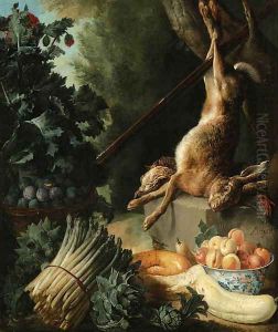 A hunting still life with a dead hare and game birds on a stone plinth with asparagus, artichokes, a cucumber and a pear by Alexandre-Francois Desportes